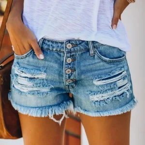 S-XXL Women Raw Hem Ripped Denim Shorts