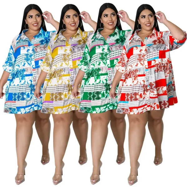 Plus Size Women Summer Printing Mid-Sleeve Long Shirt Dress