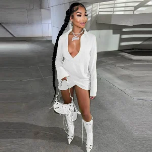 Summer Women Fashion Casual Deep V Lapel Cross Long Sleeve Mini Dress