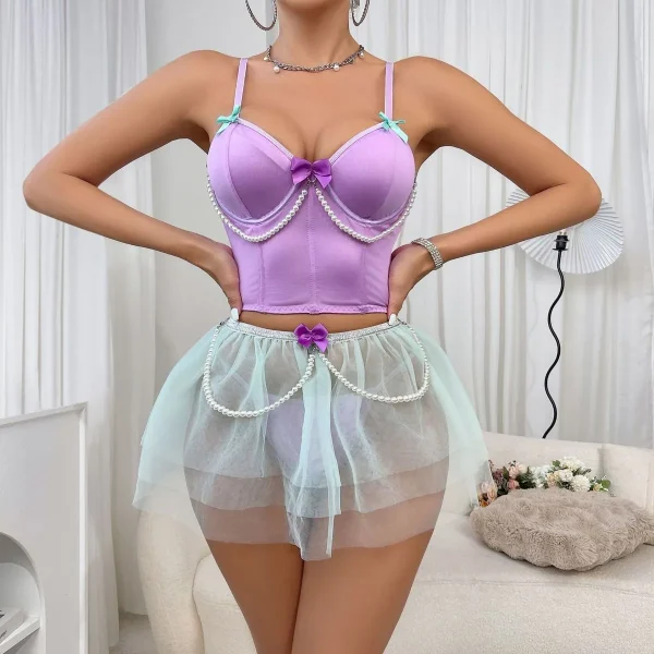 Women Fashion Sexy Mesh Pearl Bowknot Chain Bra Skirts Lingerie Three-Piece Set