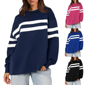 Women Casual Stripe Round Neck Loose Blank Sweatshirts
