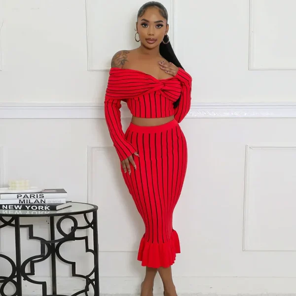 Women Stripe Off-Shoulder Long Sleeve Crop Top Ruffled Skirt Set