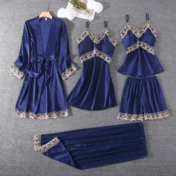 Women Summer Ice Silk Sexy Silk Sling Lace Pajamas Five-Piece Set