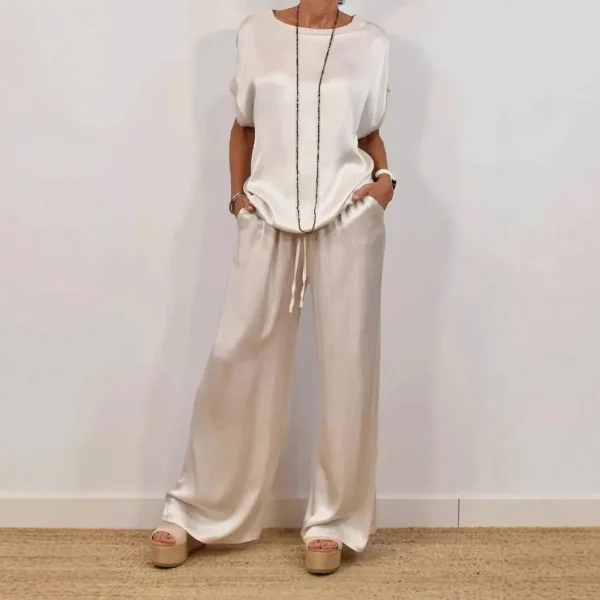 Women Fashion Solid Color Loose Short-Sleeve T-Shirt Wide Leg Pants Two-Piece Set