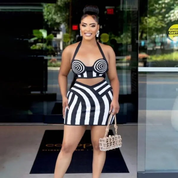 Women Fashion Sexy Zebra Stripe Halter-Neck Crop Top Tight Skirt Two-Piece Set