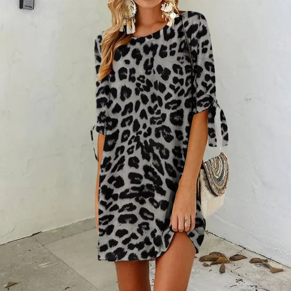 Women Fashion Casual Leopard Round Neck Short-Sleeve Loose Dress