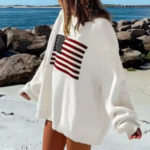 Women Fashion Casual Star Flag Pattern Long-Sleeve Loose Sweater