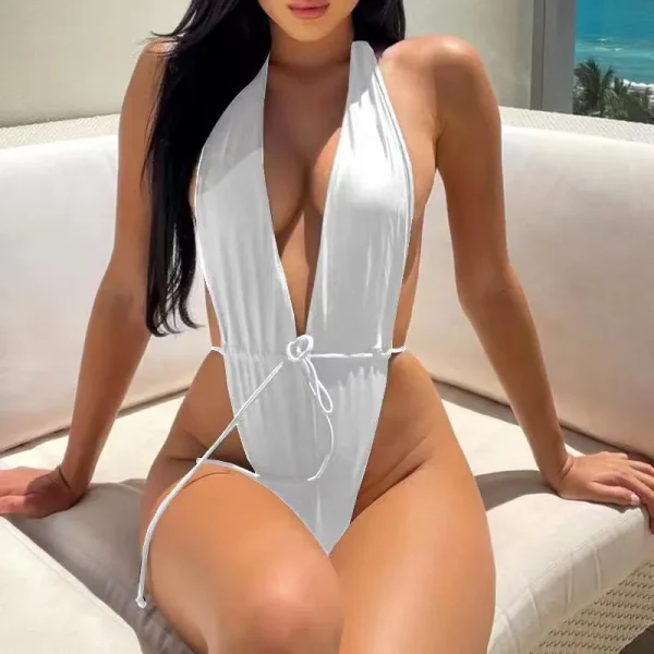 Women blank Fashion Sexy Deep V Strap Backless One-Piece Swimsuit