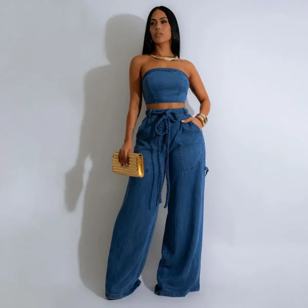 Women Fashion Casual Denim Tube Top Wide Leg Lace-Up Jeans Two-Piece Set
