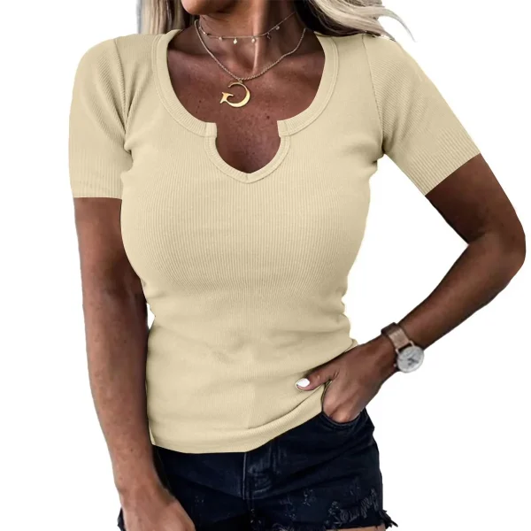 Women Fashion Casual Solid Color Thread Deep U Neck Short-Sleeve T-Shirt