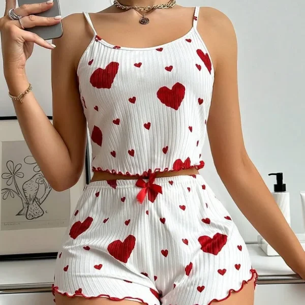 Women Fashion Casual Love Print Camisole Loose Shorts Pajama Two-Piece Set