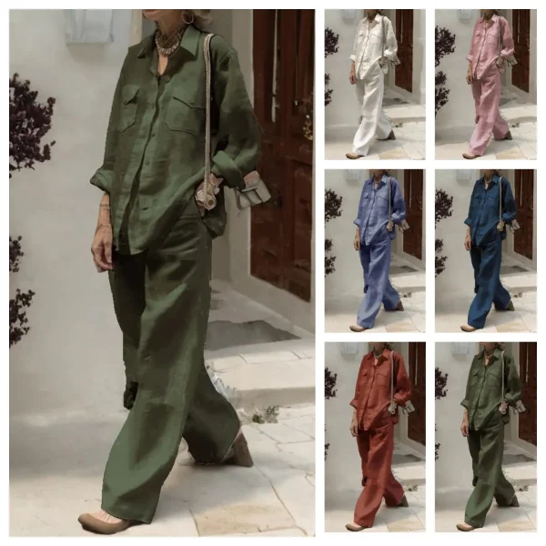 Women Casual Solid Color Long-Sleeved Shirt Loose Pants Two-Piece Set