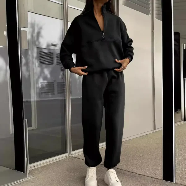 Autumn Winter Women Fashion Solid Color Zipper Lapel Long Sleeve Sweatshirt Pants Two-Piece Set
