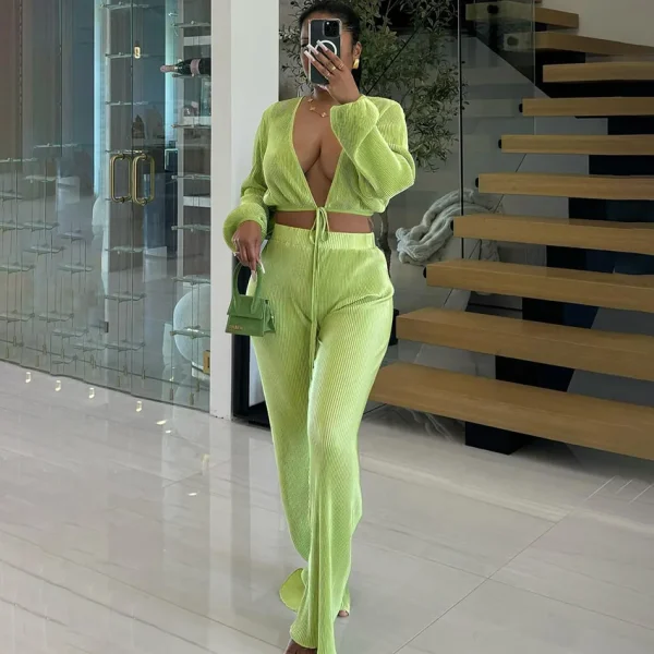 Women Fashion Sexy Deep V Strap Long Sleeve Top Pants Two-Piece Set