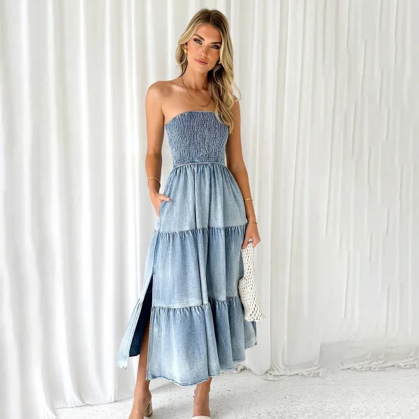 Women Fashion Sexy Pleated Stitching Tube Top Split Denim Dress