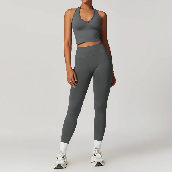 Women Fashion Solid Color Thread Seamless Halter-Neck Tank Top Tight Pants Yoga Sports Two-Piece Set