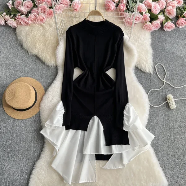 Women Fashion Casual Irregular Stitching Long-Sleeve Knitted Dress