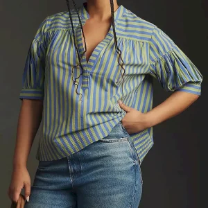 Women Fashion Casual Stripe Stitching V-Neck Long-Sleeve Blouse