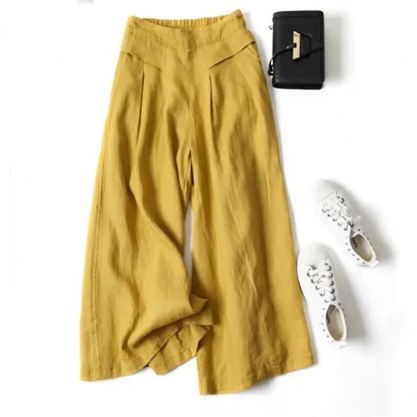 Women Casual Solid Color Cotton And Linen Thin Mid-Waist Wide-Leg Pants