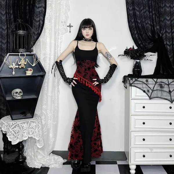 Women Sexy Elegant Gothic Lace Stitching Printed Tassel Spaghetti Strap Slim-Fit Dress