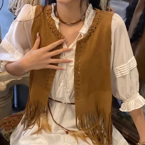 Women Fashion Retro Boho Ethnic Style Velvet Tassel Vest