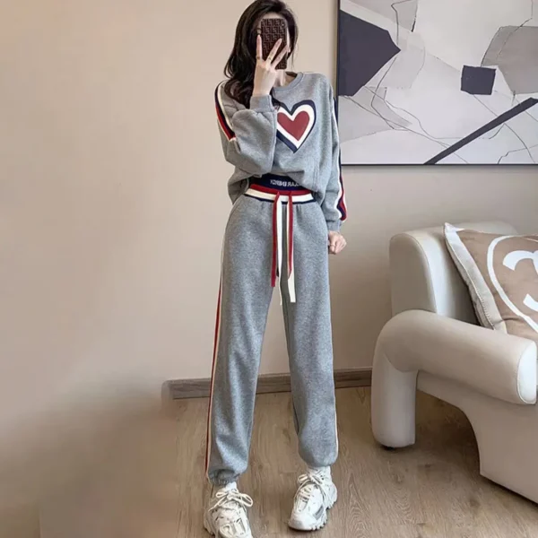 Women Fashion Casual Love Printed Sweatshirt Slim Fit Pants Sportswear Two-Piece Set