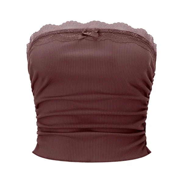 Women Fashion Sexy Solid Color Lace Splicing Pleated Tube Top