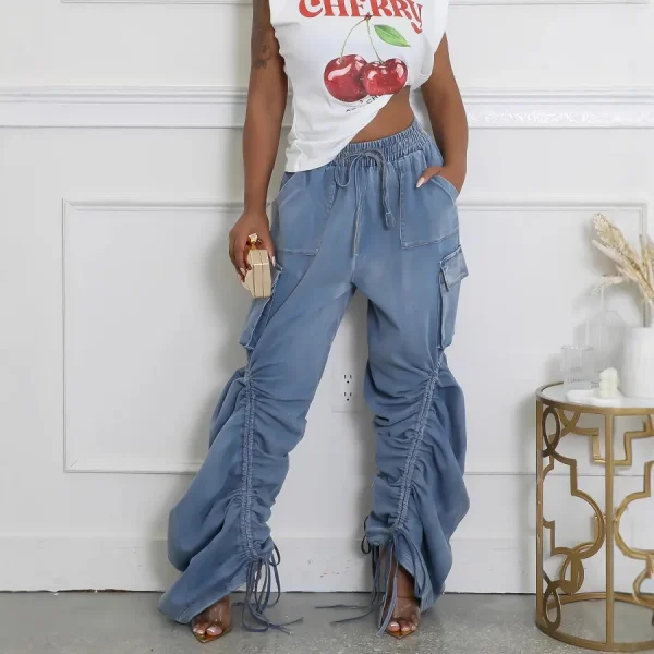 Women Fashion Creative Drawstring Loose Jeans