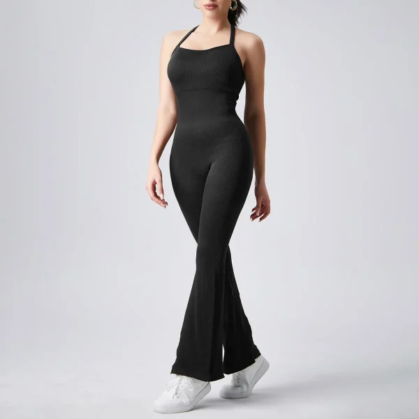 Women Fashion Solid Color Halter-Neck Backless Quick-Drying Yoga Sports Micro-Flared Jumpsuits