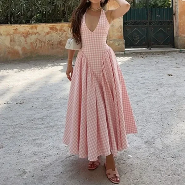 Women Fashion Elegant Grid Printed V-Neck Halter-Neck Backless Pleated Dress