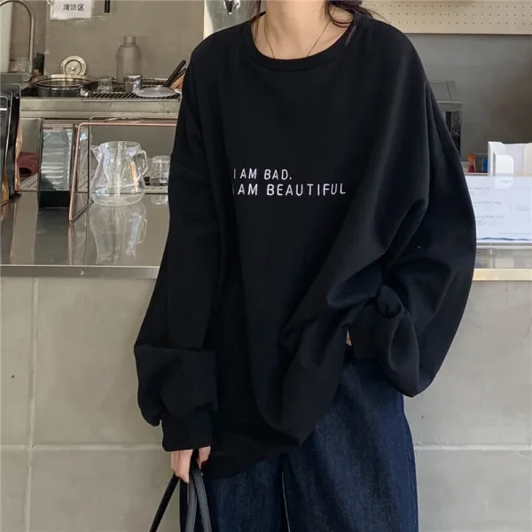 Women Fashion Solid Color Letter Print Round Neck Long Sleeve Sweatshirt