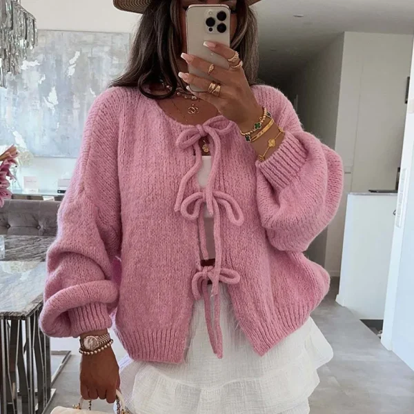 Autumn Winter Women Fashion Round Neck Lace-Up Cardigan Knitted Sweater