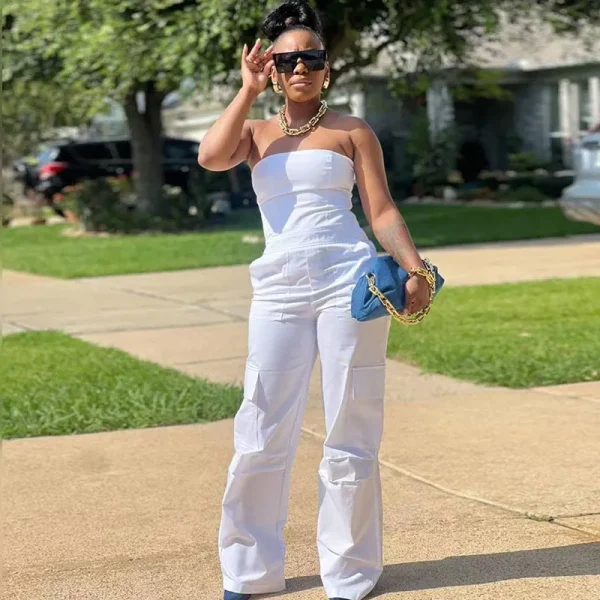 Women Strapless Cargo Pocket Sleeveless Women Solid Color Tube Jumpsuits