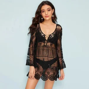 Women Fashion Sexy Boho Solid Color Lace Hollow-Out Long-Sleeve Loose Swimsuit Cover-Ups