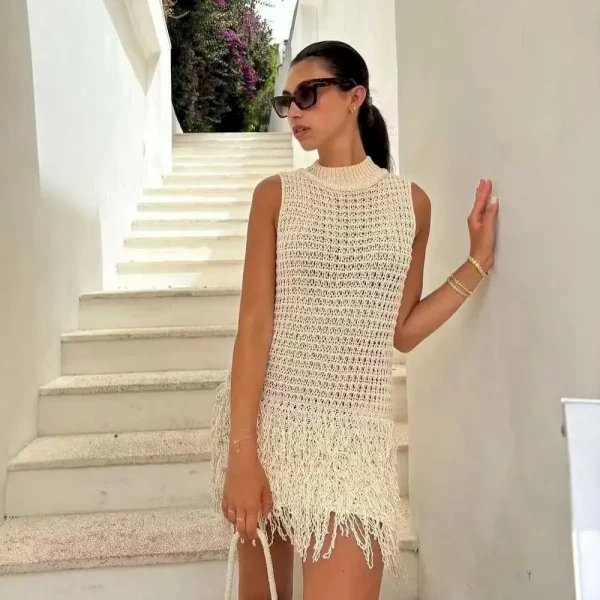Women Summer Fashion Slim-Fit Design Sleeveless Tassel Knitted Dress