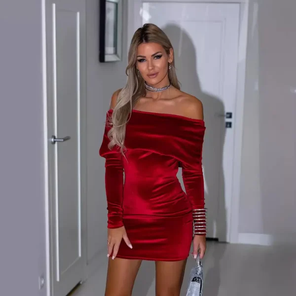 Women Fashion Sexy Solid Color Long Sleeve Velvet Tube Dress