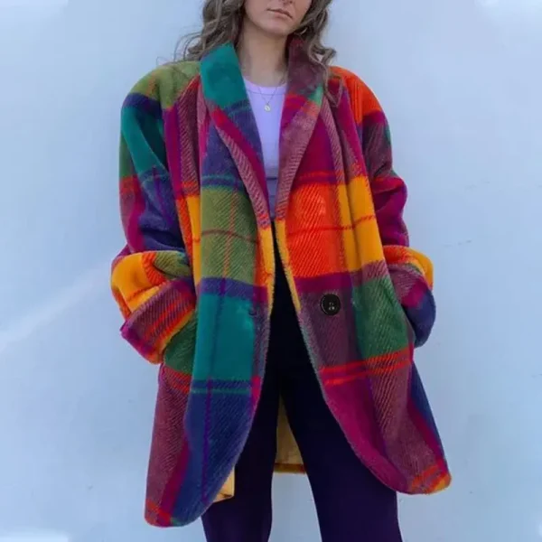 Women Fashion Long Sleeve Lapel Color Block Print Coat