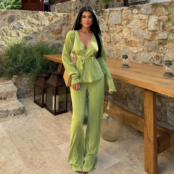 Women Fashion Casual Solid Color V-Neck Long Sleeve Lace-Up Top Loose Pants Two-Piece Set