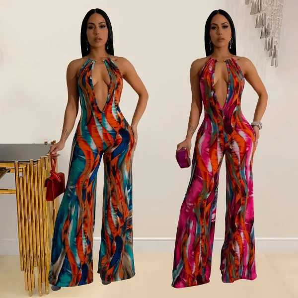 Women Fashion Tie Dye Print Sleeveless Deep V Halter Neck Backless Long Jumpsuits