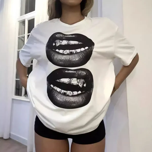 Women Fashion Casual Loose Lip Printed Short-Sleeve T-Shirt