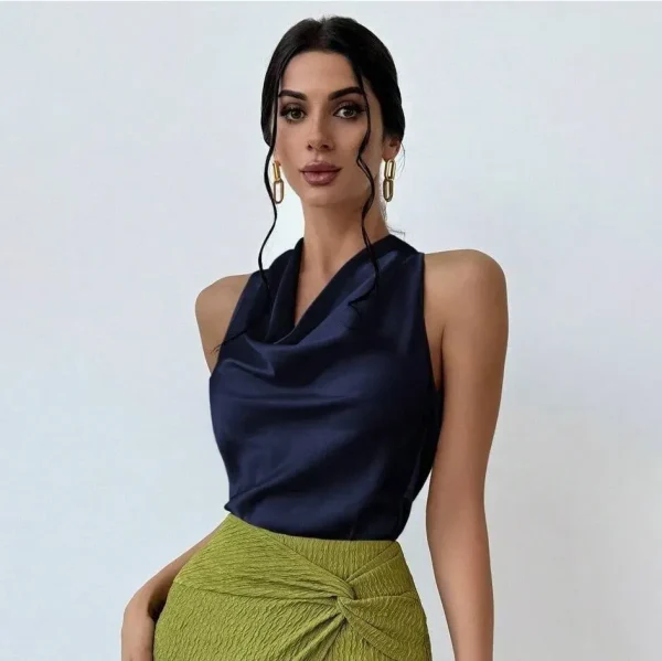 Women Fashion Sexy Solid Color Satin Sleeveless Blouse