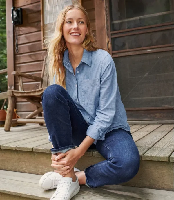 Women's Essential Cotton Shirt, Chambray Long Sleeve - Image 7